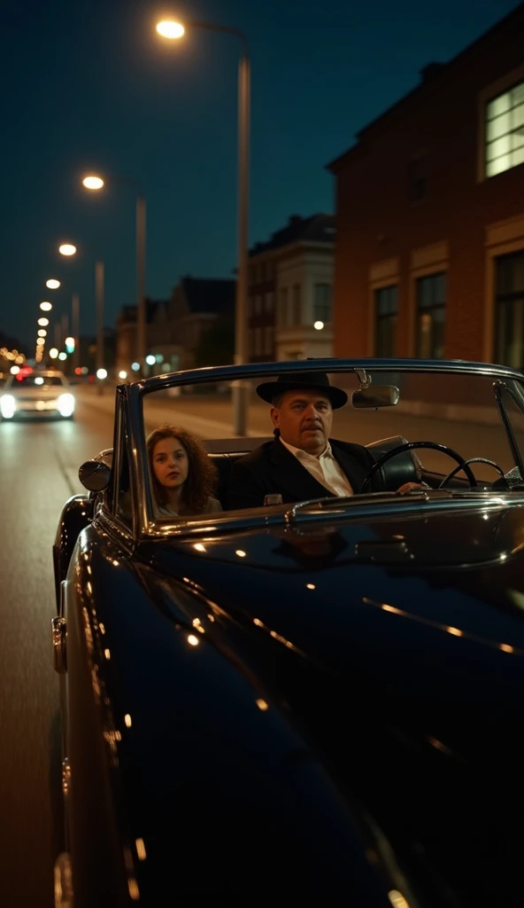 A cinematic long shot of a 1940's black convertible car passing from right to left. The driver is a 40 year old man, wearing a black suit and a hat.  In the left back seat, there is a  girl, looking at us with a dislike look. Night time, 7 pm.