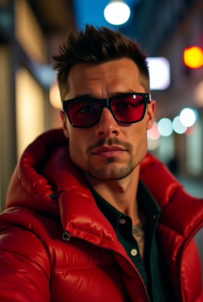 selfie, Brad Pitt perfect fixed face, 27 years old,  hair Undercut medium black  , light brown eyes  , full lips , light skin,  tattoo on the arms ,Shaped body with a naked torso wears a loose open red puffer jacket, wear a dark green bucket with sunglasse...