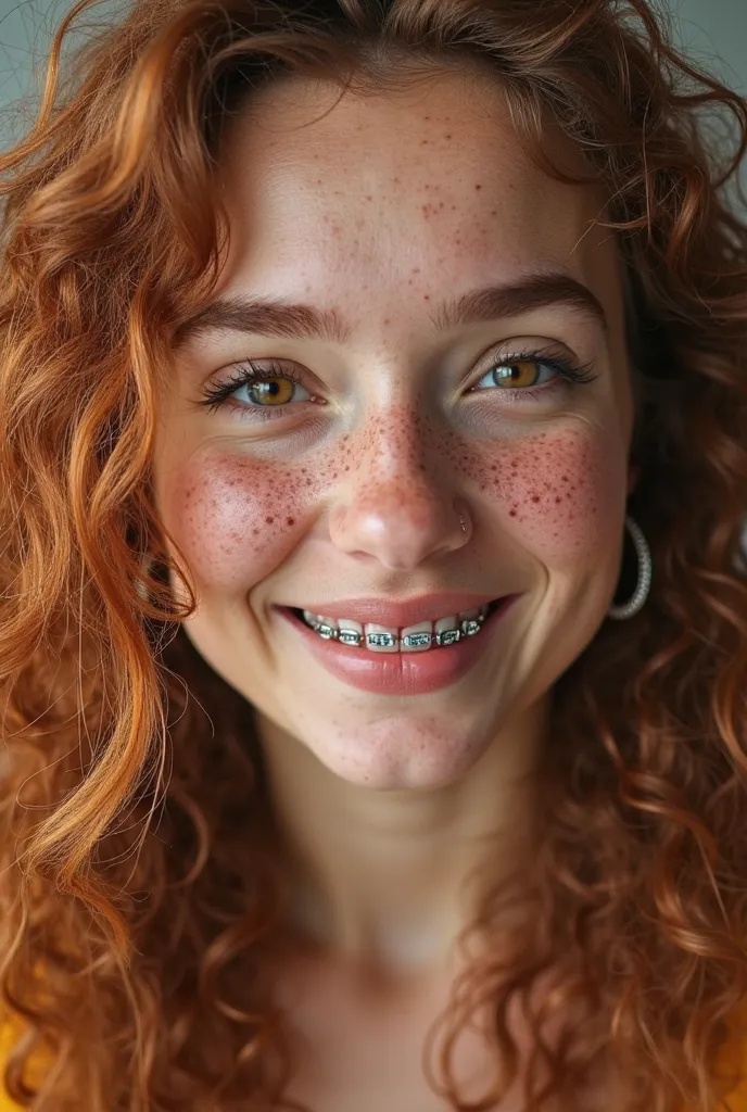 Une jeune fille avec des bagues dentaire, de longs cheveux bouclés auburns, des yeux noisettes et des tâches de rousseurs sur tout le visage 