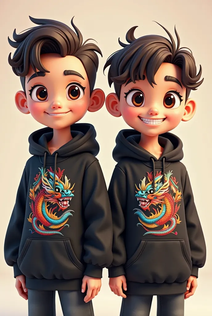 Create cartoon avatars, looks and hairstyles the same, change the shirt to a black hoodie with a dragon print