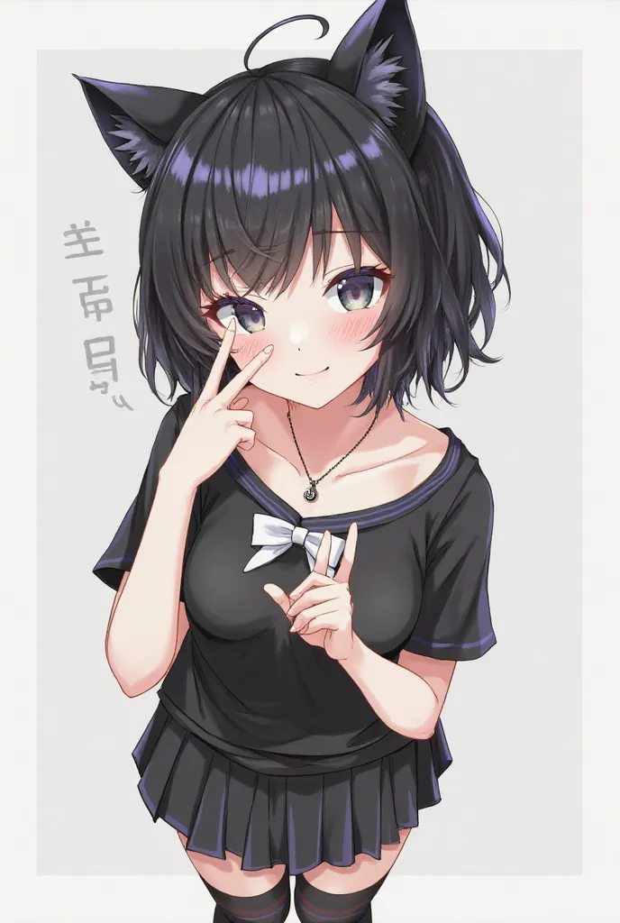 Female anime short hair in black layers and black cat ears blush face two signs of !! on the left side white skin black short sleeve blouse and a small white mini bow a black TikTok necklace short with socks and a short small black skirt 