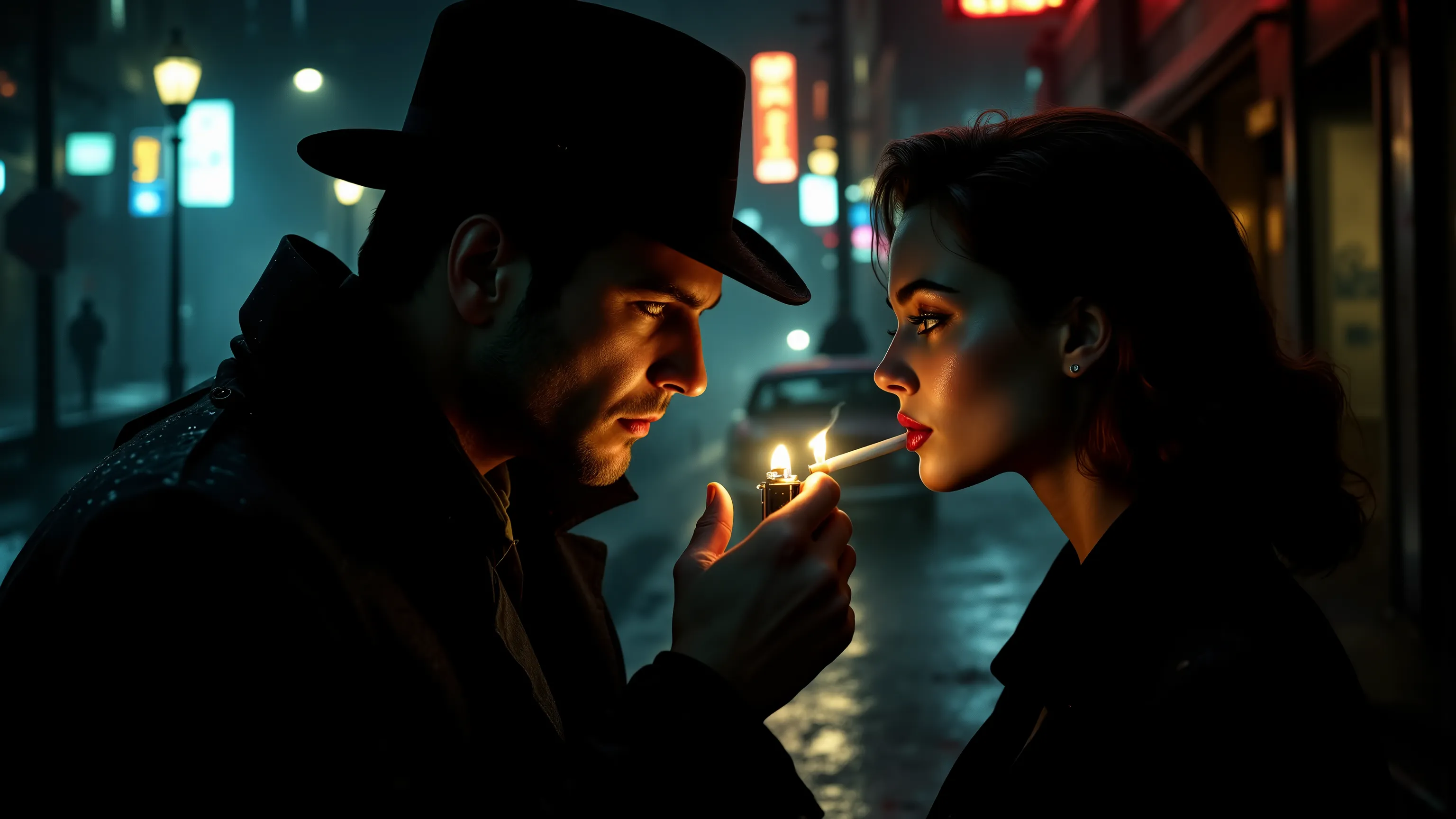 Create an image capturing a classic film noir tableau, frozen in a moment of tension and intrigue. The scene unfolds on a rain-slicked city street at night, where neon signs flicker and streetlights cast long, moody shadows through the rising mist.

In the...