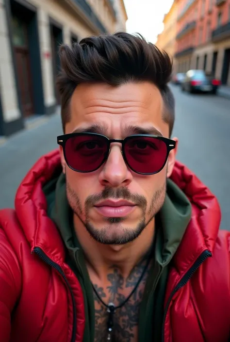 selfie, Brad Pitt perfect fixed face, 27 years old,  hair Undercut medium black  , light brown eyes  , full lips , light skin,  tattoo on the arms ,Shaped body with a naked torso wears a loose open red puffer jacket, wear a dark green bucket with sunglasse...