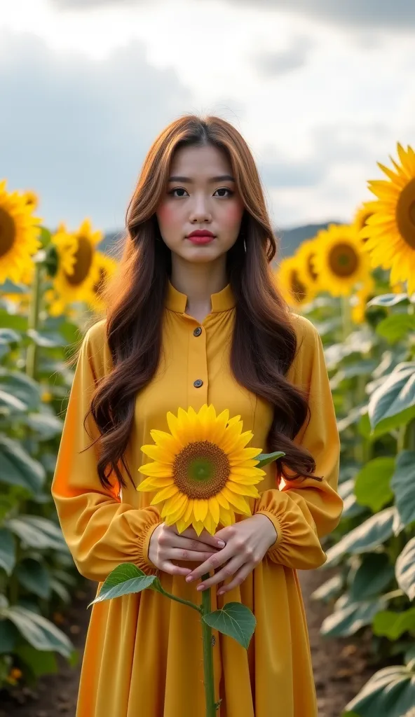 a beautiful hijabi malay women. sad. wearing yellow long sleeve puff hand dress. long brown hair. holding a stalk of sunflower in her hands. dinamic walking alone in sunflower garden pathway. breezy. windy day. sky and clouds. flowy hair. soft makeup , blu...