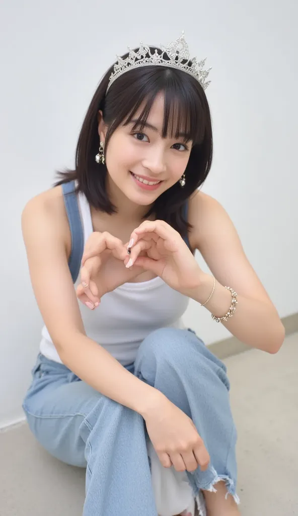   super fine、Picture of her face 、she's smiling and showing her teeth,  I'm wearing a camisole, I'm posing with my hands crossed in front of my chest in the shape of a heart、Plain background、  Hi-Res、細部にわたって Hi-Res