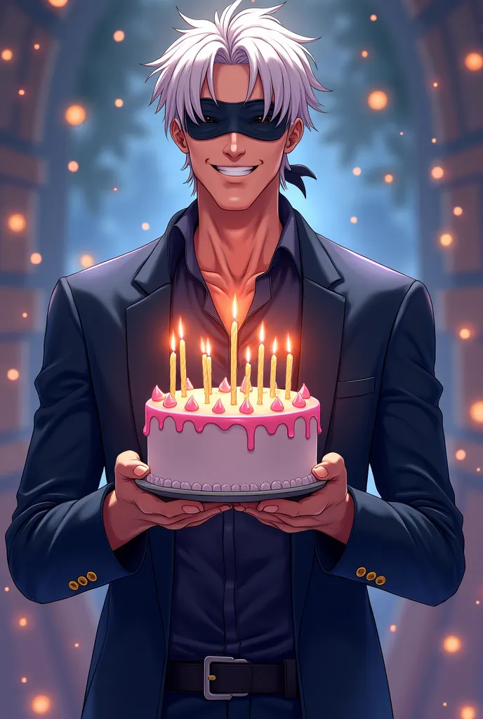 A tall, charismatic man with disheveled white hair and a black blindfold covering his eyes, wears a modern dark blue costume. He holds a birthday cake decorated with burning candles, with a playful smile on his face. The background has a festive mood, with...