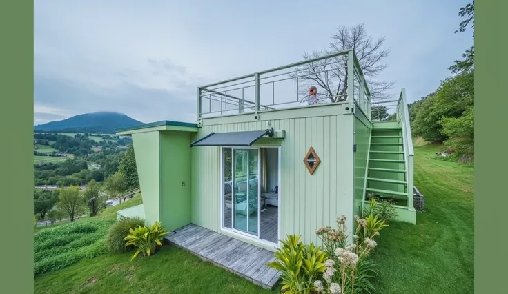 A small, modern container home sits nestled on a hillside, overlooking a misty landscape.

The container home is situated on a sloping hillside, with the home's structure angled downward.  The light sage green container is rectangular, and a wooden deck ex...