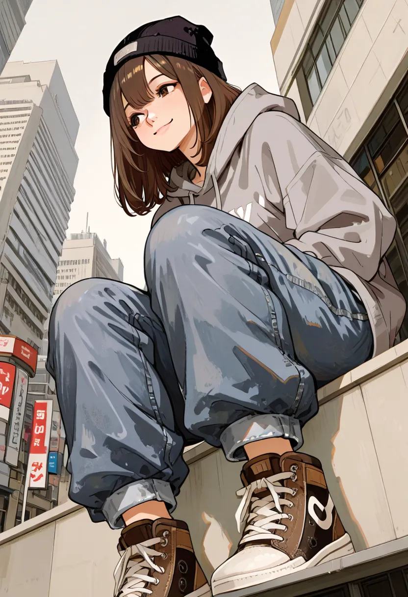 adult women,dark brown hair,medium hair,baggy  denim pants,oversized grey hoodie,sneaker,smile,black Beanie,face focus, Tokyo ,city,is sitting, view from below,look away