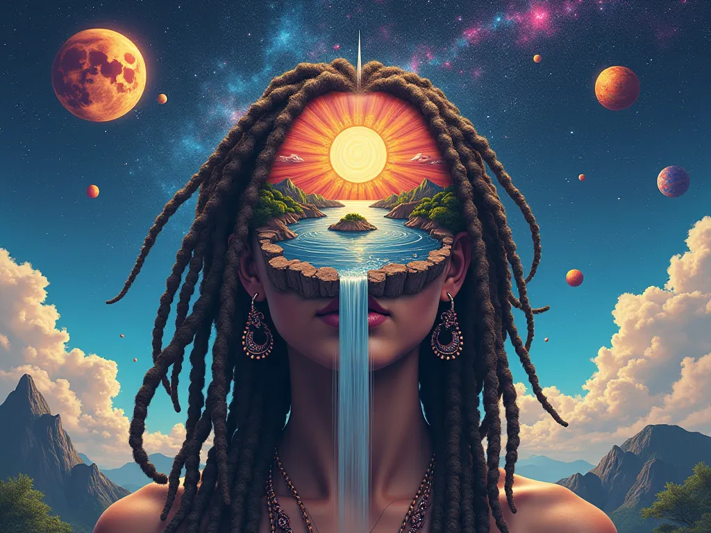 A surreal digital artwork featuring a person with dreadlocks, their face partially dissolving into a cosmic, dreamlike scene. The composition blends hippie aesthetics with surreal elements—floating islands, celestial bodies, and psychedelic colors. The bac...