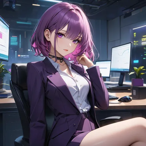 masterpiece, Best Quality, perfect face, highest resolution, detailed depiction of eyes, 1 woman, slender body, orchid color hair, Wavy bob hair, deep purple color eyes, cyberpunk, shirt, suit, Black Ribbon Choker ,  office,