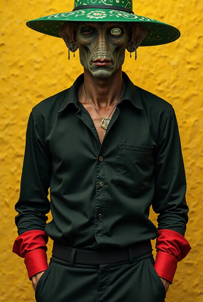 Yellow headman, red right sleeve, red, left sleeve, blue, black long-sleeved shirt, black trousers, handsome face, wearing a green hat with a white pattern, closed his left elephant eye.