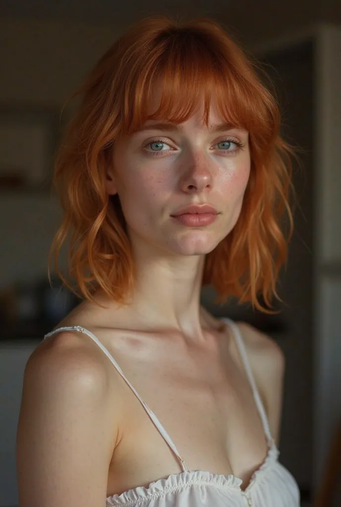 This photograph features the same European girl against a domestic background. The woman appears to be 18 years old, fair skin, physical shape and square face. The girl has medium red hair with bangs and blue eyes. Her expressions range from neutral to sli...