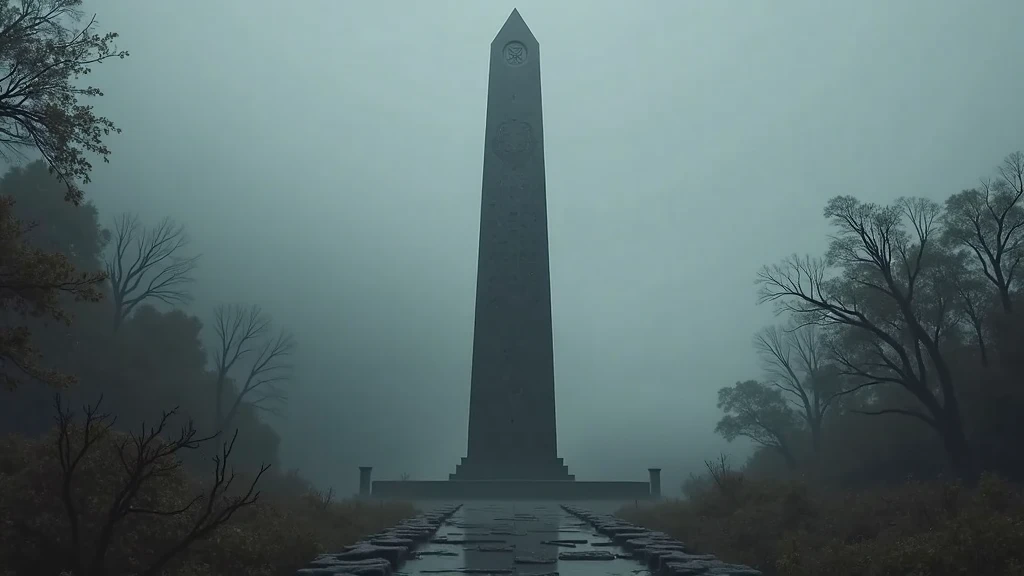 an ominous 50 meter tall obelisk of shiny black obsidian. rising among a dark garden. The coast can be seen in the background, completely covered in fog. dark. eerie. misterius. masterpiece