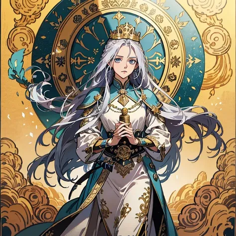  people are real touch、Background is tarot style, 1 Western-style girl in her 20s, Gaze forward,in front,crown,Long silver hair, Light Blue Eyes,  Gold Full Plate Armor ，gem,weapons， Golden Sword,非常にDetailsな壁紙,Zodiac sign ，best quality,  , realistic lighti...