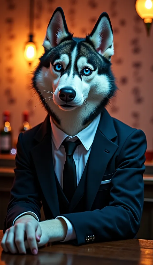 A humanoid Husky dog dressed in a suit sitting in a bar with concern