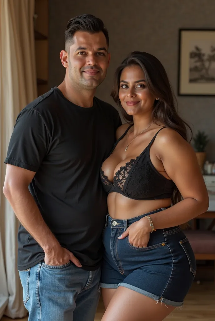 A Pakistani  clean shaved husband in black t shirt and blue jeans tanned complexion thick husband and a Pakistani dusky tanned curvy thick wife shazia, wearing deep sexy neck cleavage top, mini skirt on thick fat thigh, busty boobs shazia sitting, very hyp...