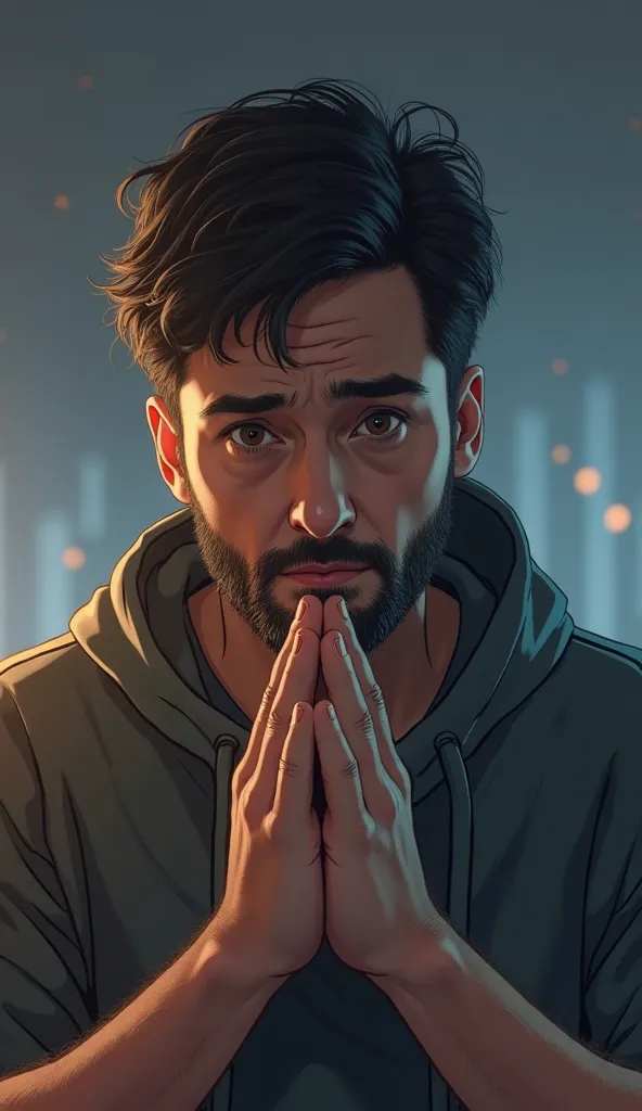 A highly detailed, realistic man with short dark hair and a well-groomed beard, wearing a casual hoodie or T-shirt. His expression is a mix of disappointment and concern, with slightly furrowed brows and a slightly open mouth, as if he is watching a disast...