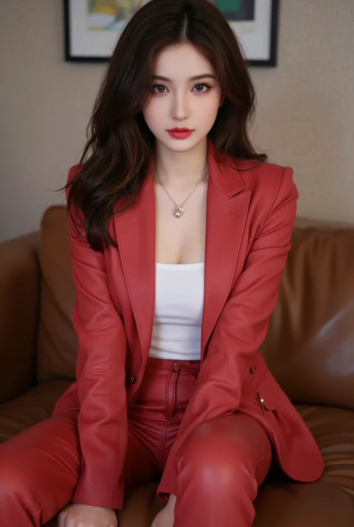 Asian Beauties，35 years old，Slightly mature young woman's style，curls，Hair on one side， necklace，Light red tight leather coat，Leather pants，sitting on the couch，face，front，Straighten your back ，Place your hands naturally on your legs，dignified！