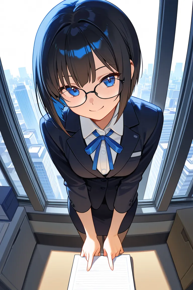 Dark Brown Hair　 blue eyes　　anime　comics　　　One person　perfect fingers　Perfect Anatomy　　　 　bob hair　　　　ribbons　Best　Patsun　　smile　　　SMALLE BREASTS   　　OL　company　　Glasses　　　Overlooking　high angle　