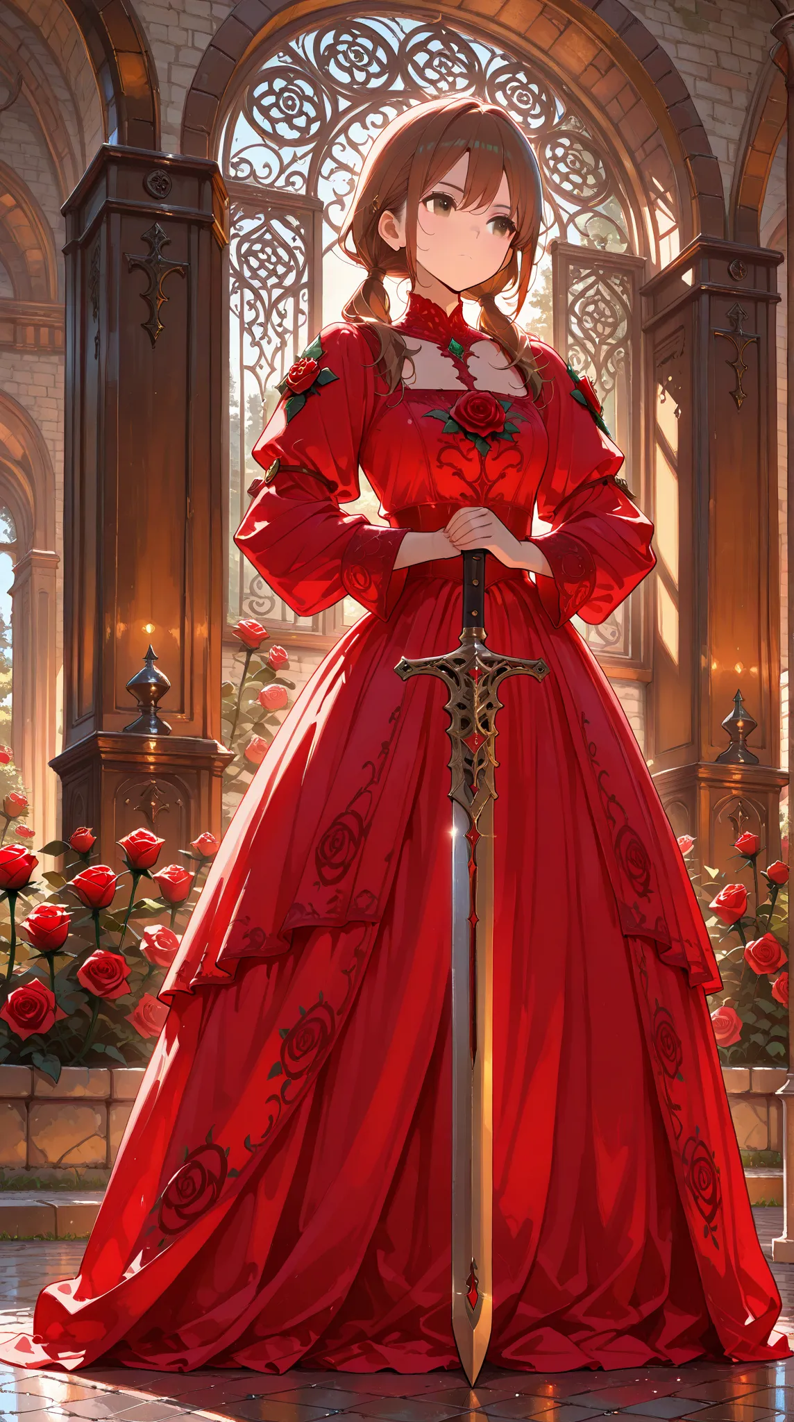 High resolution, Super detailed, Best Quality, masterpiece, 8K, 4K, beautiful background, the best aesthetics, (flat color:0.6), 1girl, brown_hair, brown_eyes, low_twintails, red rose, Lancaster rose cosplay, medieval costume, red dress, rose emblem, histo...