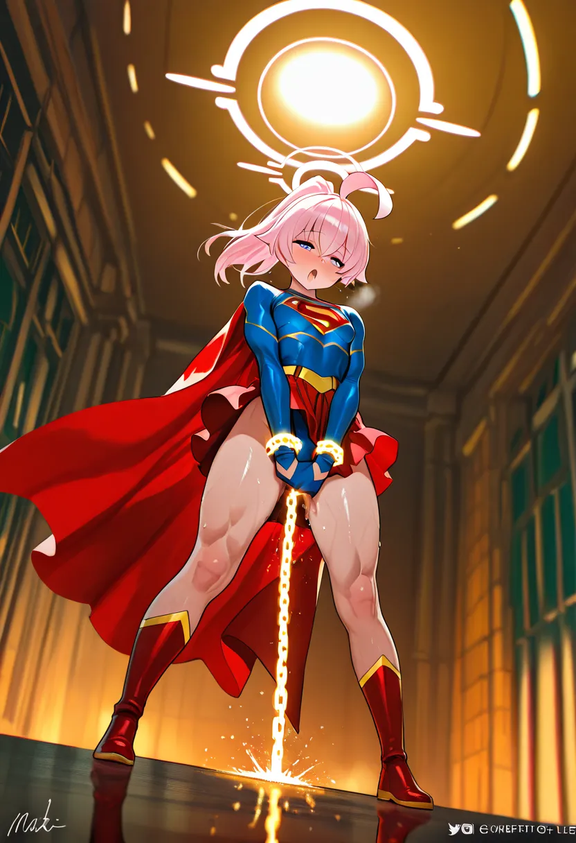 (full body), (masterpiece:1.2), (Highest_quality:1.2), ( narrower _ Details:1.3), 8k, low angle，from below， 1 girl，alone，大きなButtの女の子,  red over the knee long boots ，Wears a spacesuit with a cape ，( supergirl), blue leotards that brainwash men，red miniskirt...