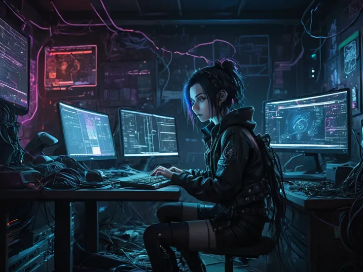 photo of a cute goth girl, hacker, sit a desk,  working at pc, skirt, clutter metro, night, neon lights, nerd outfit, cinematic, cyberpunk, clutter large room, cables