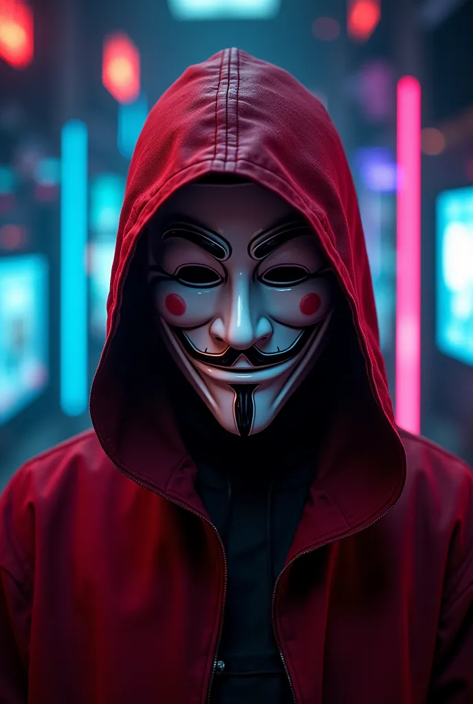 An extremely realistic portrait of a mysterious man, only his head visible, wearing a red hood that partially covers his face. He wears the iconic 'V for Vendetta' mask, with highly detailed textures and a subtle reflection of the surrounding neon lights. ...