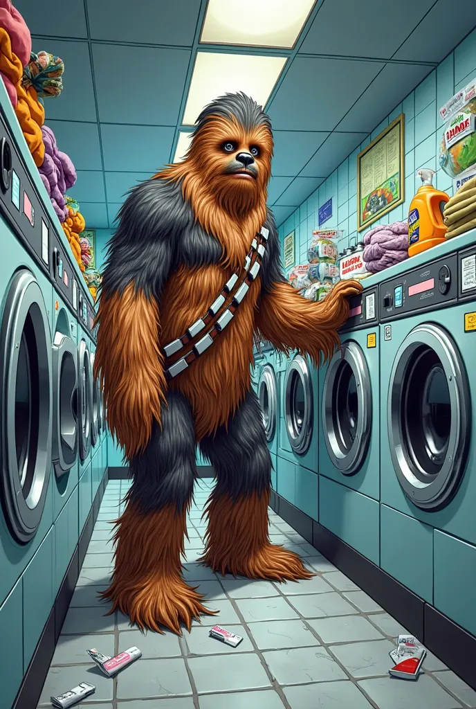 a comic book cover of chewbacca doing laundry