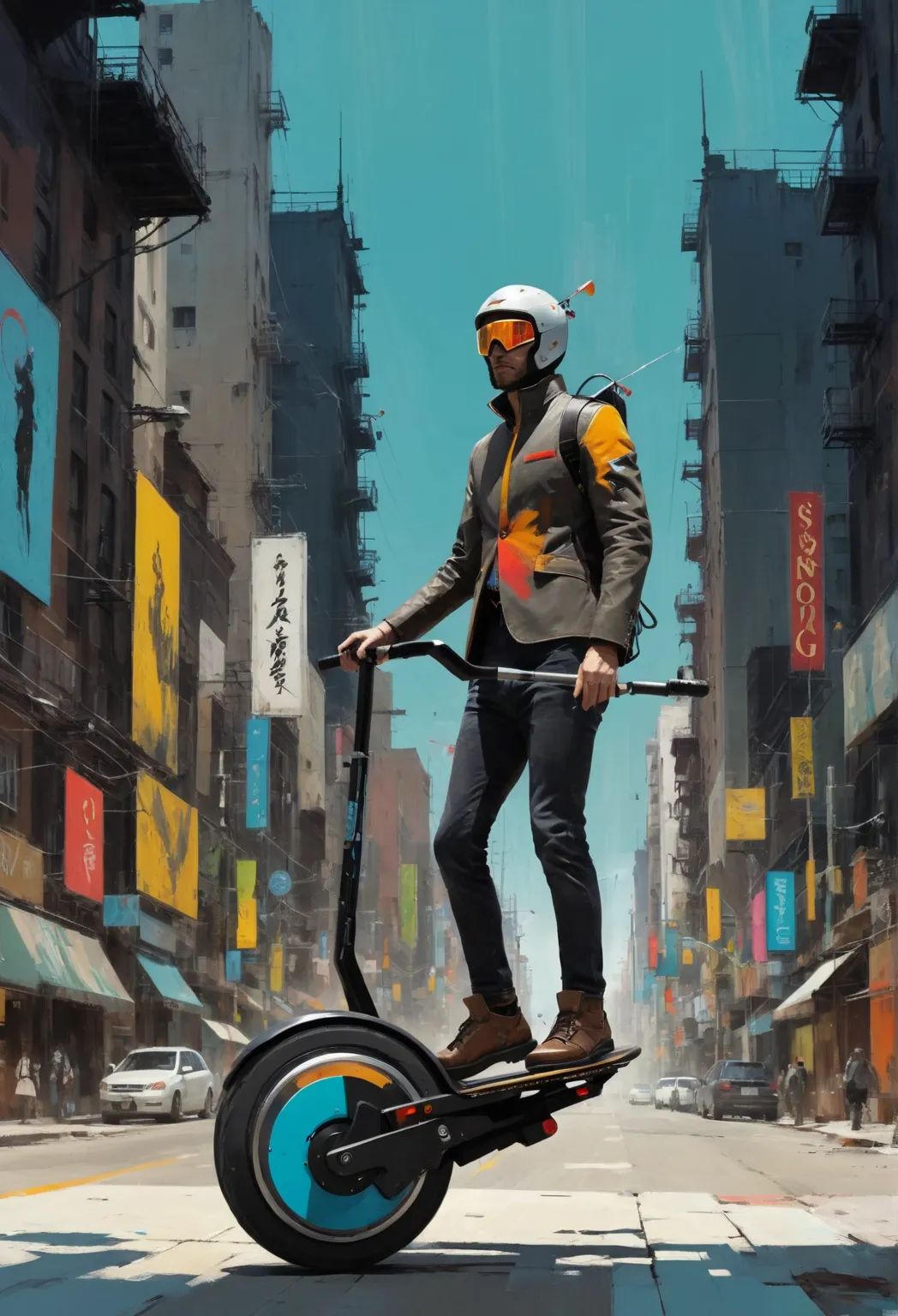 Estilo de Santiago Caruso, Ashley Wood style, Hans Hartung style, Charley Harper style, 1 , Character Concept Design, full body, Riding an electric unicycle, Kinksong style or BEGODE.  