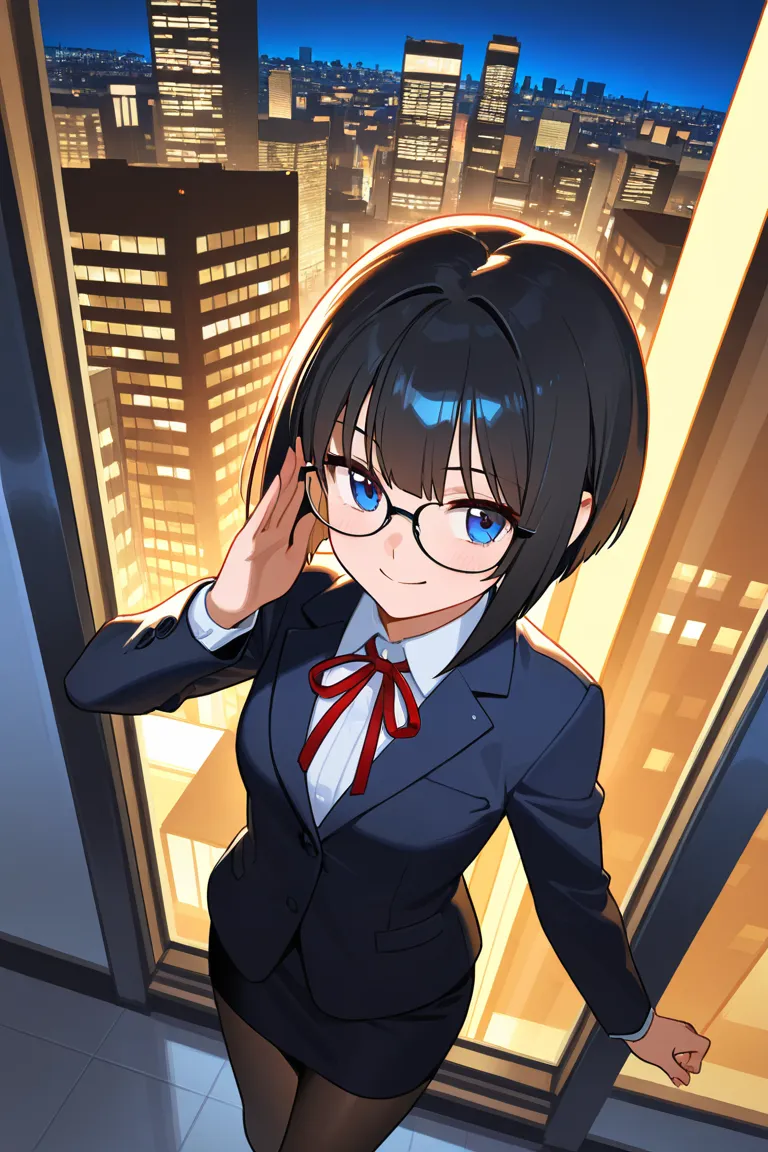 Dark Brown Hair　 blue eyes　　anime　comics　　　One person　perfect fingers　Perfect Anatomy　　　 　bob hair　　　　ribbons　Best　Patsun　　smile　　　SMALLE BREASTS   　　OL　company　　Glasses　　　Overlooking　high angle　