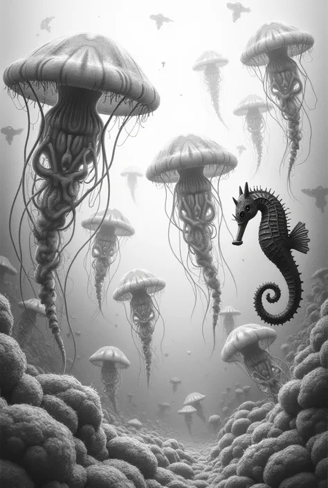 Pencil drawing under the sea with psychedelic style 