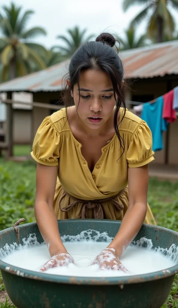 A woman, likely the boy’s mother, is washing clothes in a large, old-fashioned basin filled with soapy water. She wears a yellow, slightly worn-out dress with an apron tied around her waist. Her dark brown hair is loosely tied up. Her facial expression is ...