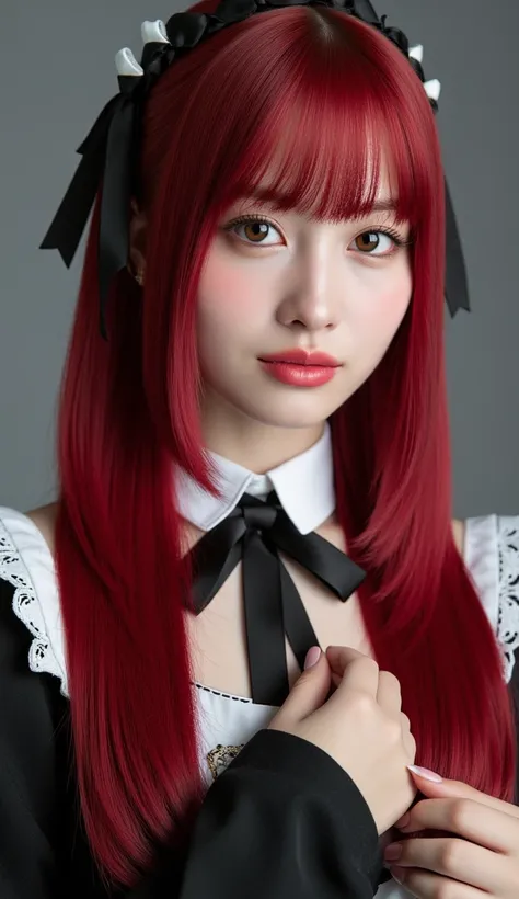  Silky Smooth Hair 、dark red hair long hair、hairstyle is straight、long hair that reaches the chest、、maid clothes、twin tails、