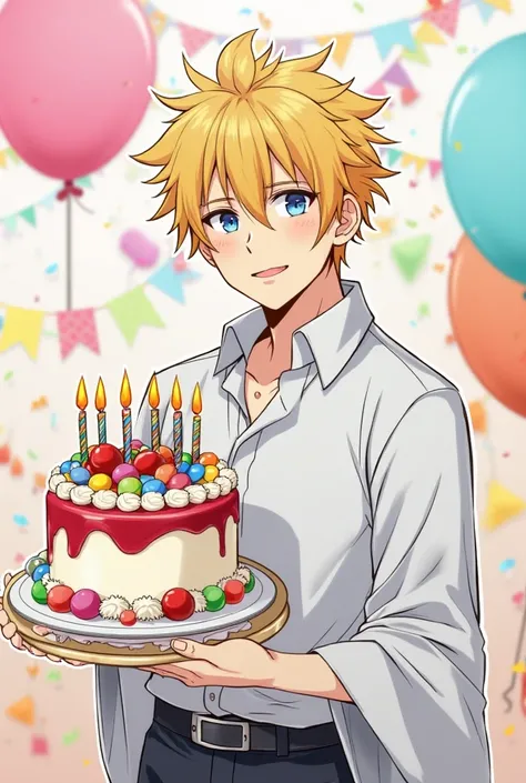 Draw an image of Satoru Gojo, character from the anime Jujutsu Kaisen, holding a colorful and decorated birthday cake. He must be wearing his signature attire and displaying a relaxed smile while holding the cake. In the background, include party balloons ...