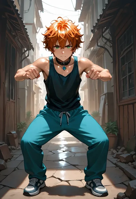 1boy, young male, brown skin, sweat, dolphin pants, fingerless grove, shoes, collar, fighting pose, sunshine, short hair, messy hair, orange hair, green eyes, cinematic lighting, masterpiece, best quality, city square