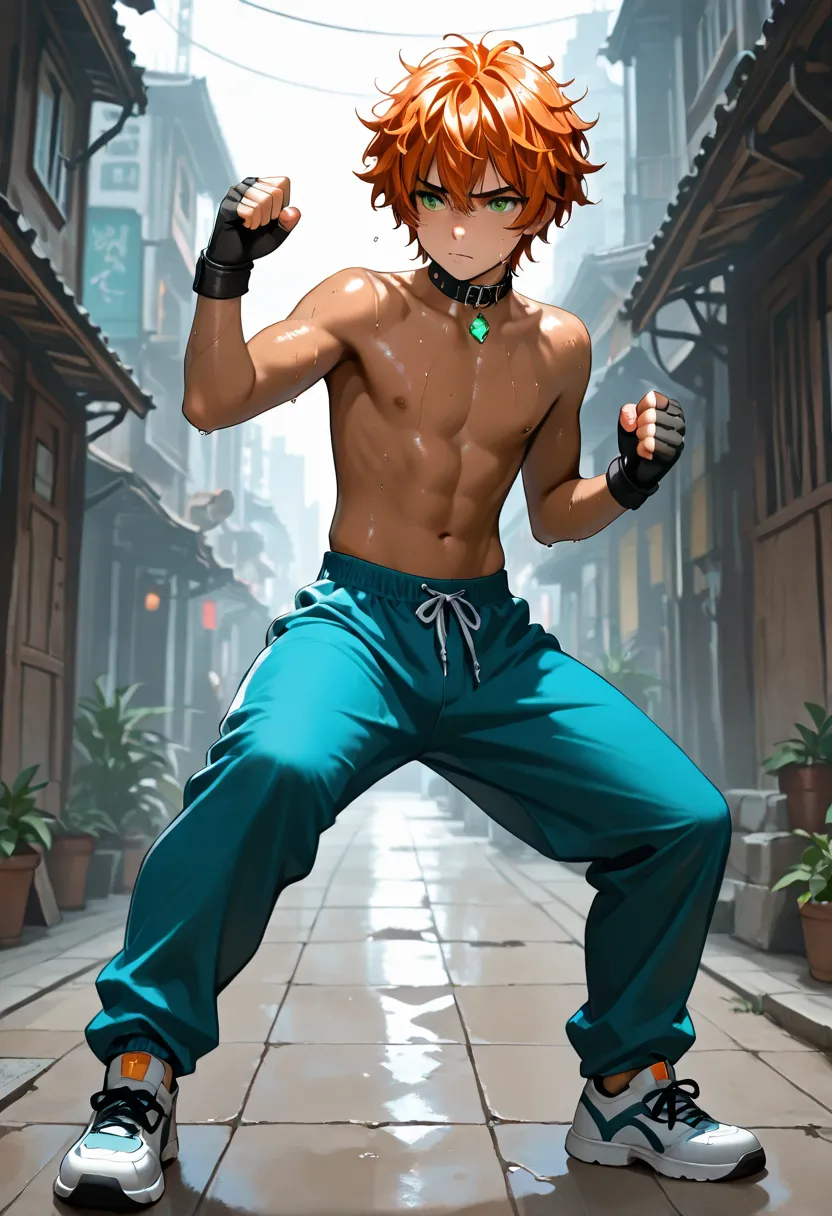 1boy, young male, brown skin, sweat, dolphin pants, fingerless grove, shoes, collar, fighting pose, sunshine, short hair, messy hair, orange hair, green eyes, cinematic lighting, masterpiece, best quality, city square