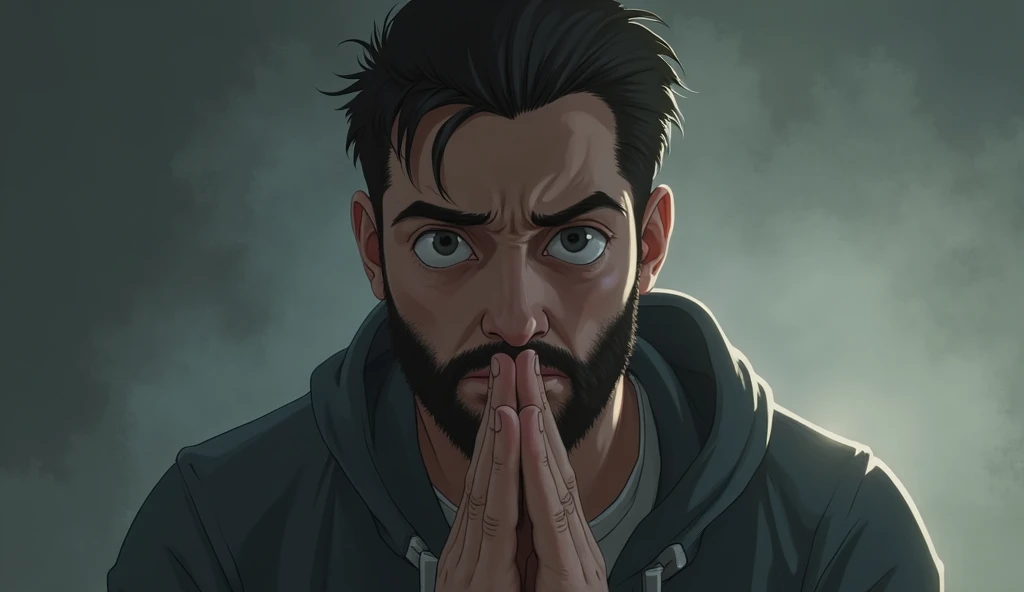 A highly detailed, realistic man with short dark hair and a well-groomed beard, wearing a casual hoodie or T-shirt. His expression is a mix of disappointment and concern, with slightly furrowed brows and a slightly open mouth, as if he is watching a disast...