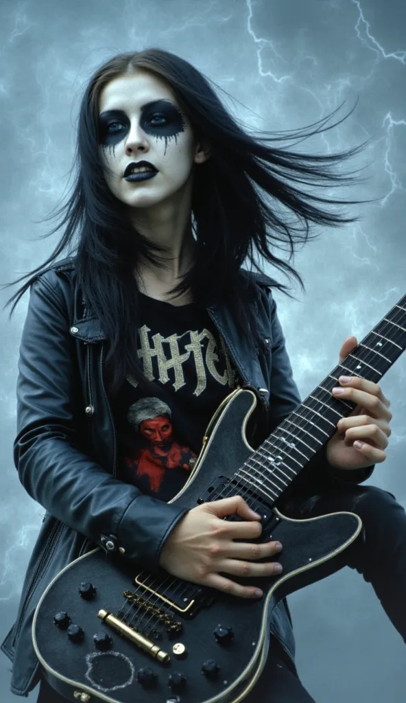 Black Metal girl, pale face, Black Metal make up,  paint face, black hair shoulder length, leather jacket, riding on a guitar in sky, electricity effects around her,  movement blur, dark eye makeup, black eyeliner black lipstick, pale white face, deep blue...