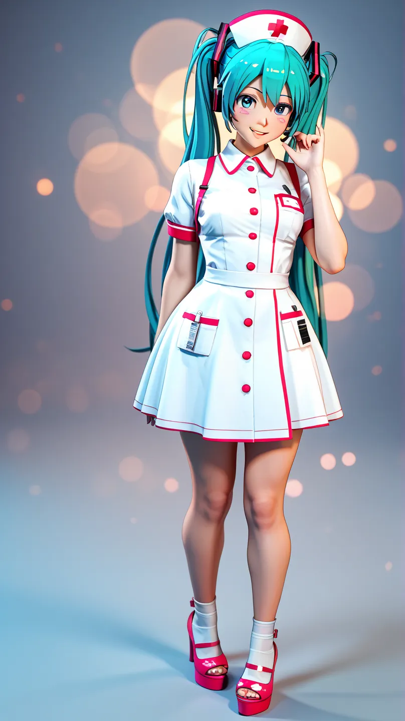 best image quality,Hatsune Miku,nurse clothes,full body,anime,close-up,Reproduced in every detail,Perfect look, Natural Posture , warm atmosphere ,vivid colors, 3d rendering ,professional,high contrast, attention to detail ,Bokeh,studio lighting,UHD,HDR