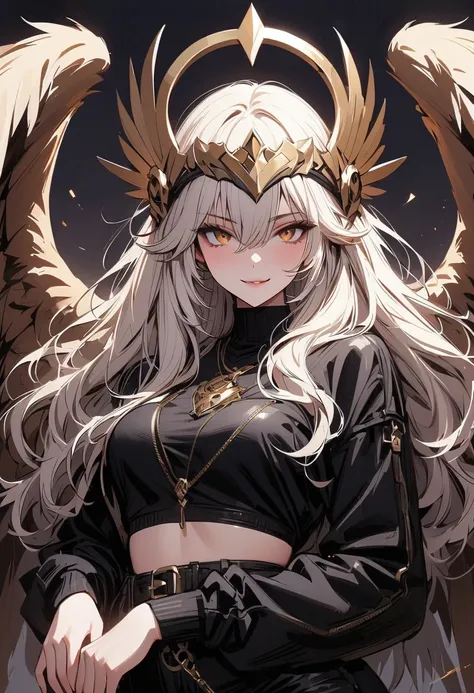 (masterpiece, best quality:1.2), 1 girl, solo, stone throne, queen of beasts, voluminous lion mane, detailed golden angel wings, detailed beautiful eyes, detailed beautiful face, glistening golden eyes, wide arrogant smile, egotistical, unique pose, long s...