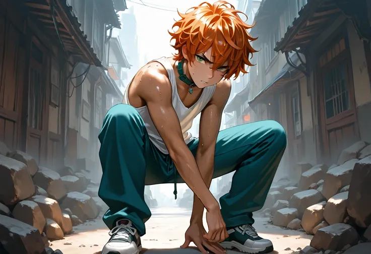 1boy, young male, brown skin, sweat, dolphin pants, fingerless grove, shoes, collar, fighting pose, sunshine, short hair, messy hair, orange hair, green eyes, cinematic lighting, masterpiece, best quality, city square