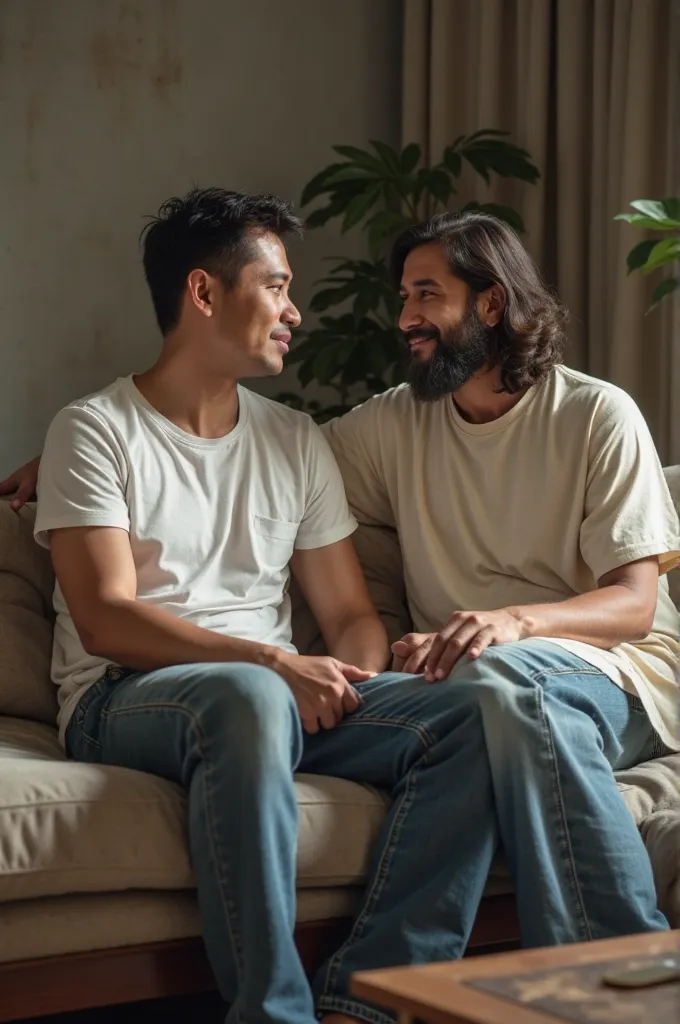 An Indonesian man with short hair, wear a white t-shirt and jeans, sitting with Jesus on the couch, realistic 4k