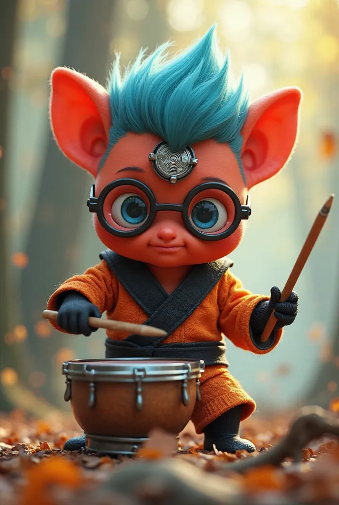 ### **Prompt 1: Faithful reproduction of the image**
*"A detailed 3D rendered digital illustration of a small red creature with round glasses and spiky blue hair, dressed in an orange and black ninja outfit inspired by Japanese anime, playing the drums. Th...