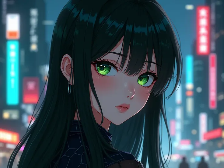 Anime girl looking sideways cyberpunk style green eyes black hair in the background of a futuristic city