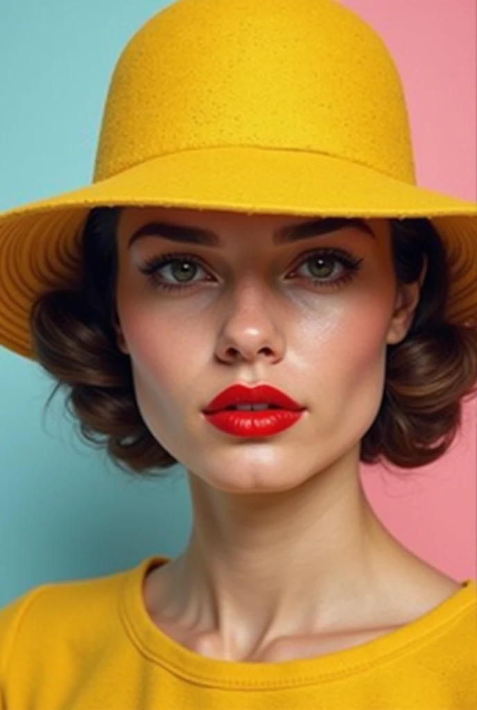 Create a woman with lips wearing red lipstick with a yellow hat hiding her eyes in the background divide the screen with the colors light blue and light pink