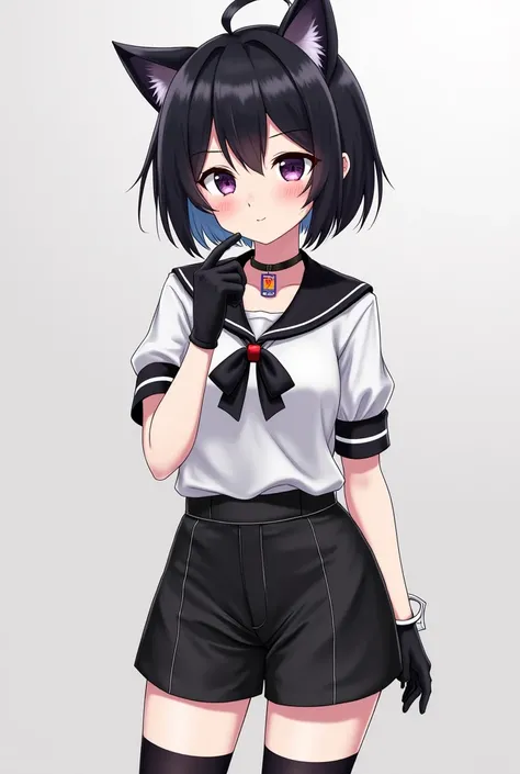 Anime female gender short hair in black layers and black cat ears a TikTok necklace black gloves short sleeve blouse with a mini bow in half black shorts black socks and a short mini skirt and white leather 