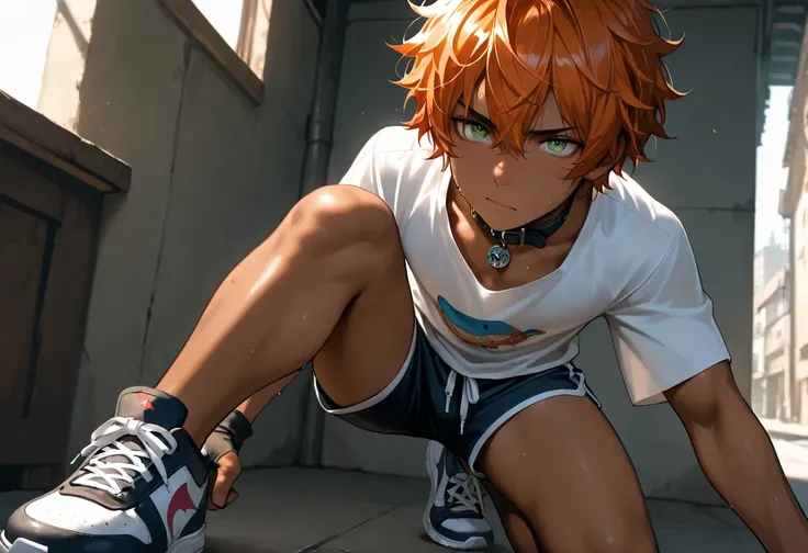 1boy, young male, brown skin, sweat, dolphin shorts, fingerless grove, shoes, collar, fighting pose, sunshine, short hair, messy hair, orange hair, green eyes, cinematic lighting, masterpiece, best quality, city square