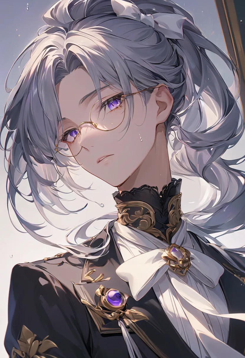 A hyper-detailed, ultra-high-definition anime-style illustration.

A male character with long, silky silver-gray hair that flows elegantly, reflecting light with a vivid texture. Each strand is meticulously detailed, cascading smoothly down his back, tied ...