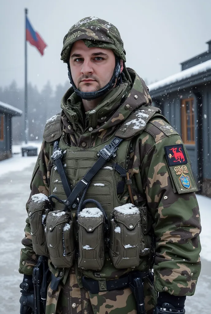 "A photo-realistic portrait with 100% realism and no extra elements, featuring a Belarusian young man working as a soldier in the Russian Federation, with the exact same face, anatomy, and attire as the man in the original photo, wearing the detailed 2024 ...