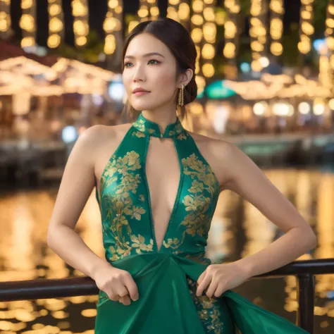 best quality, highres, 8k, masterpiece, photography, detailed midbody photorealistic portrait. At Clarke Quay’s riverside, Mandy Moore showcases a deep emerald green cheongsam-inspired lingerie ensemble, featuring a high-neck lace bralette with floral embr...